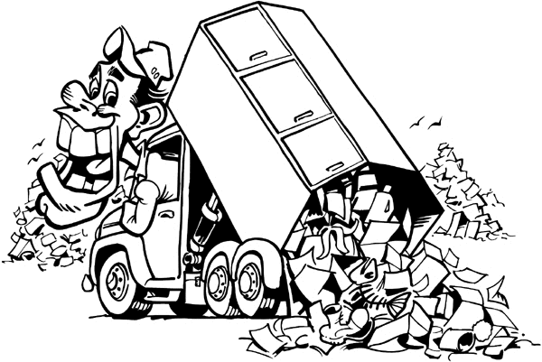 Truck dumping trash vinyl sticker. Customize on line. Environment Pollution Conservation 034-0146